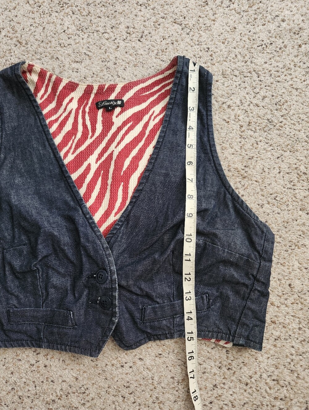 Lucky Cropped Denim Vest with China Graphic / Red and Cream Zebra Print - Picture 8 of 9